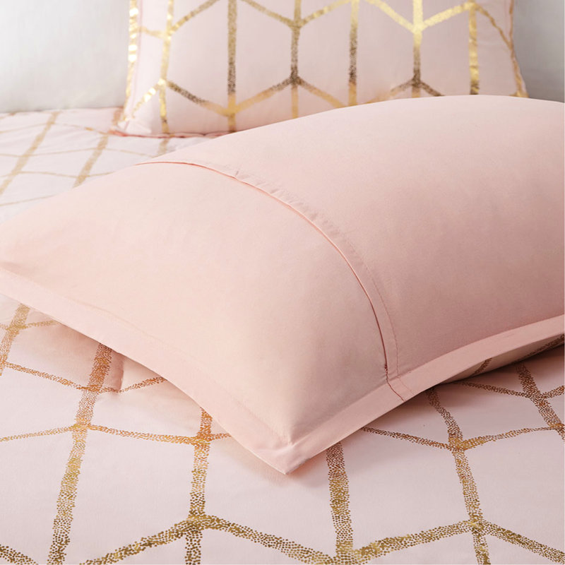 Full/queen Comforter In Blush With Metallic Ornate Pillows And Gold, Blush/Gold