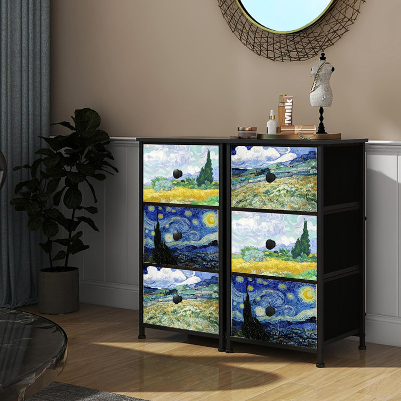 Van Gogh Pattern Black 3-Drawer Dresser with Steel Frame