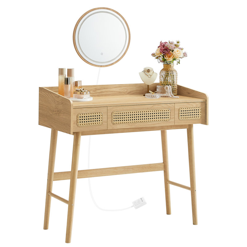 Meuble-lavabo avec miroir lumineux 3 tiroirs Virdie Boho, Chêne naturel
