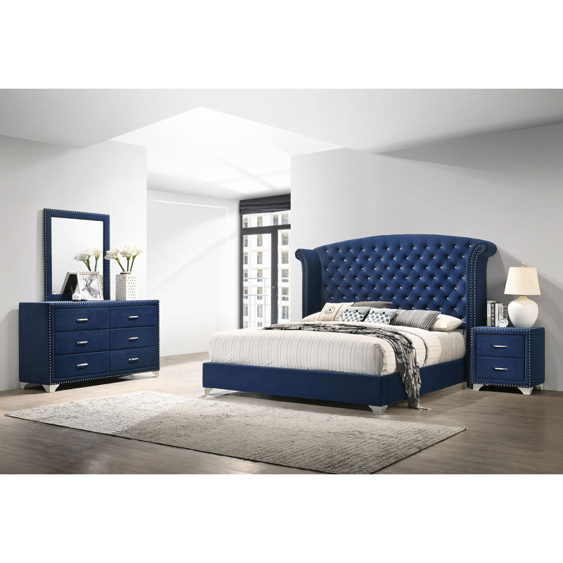 Ensemble de chambre avec très grand lit 4 pièces Aahaan, Bleu, Très grand californien