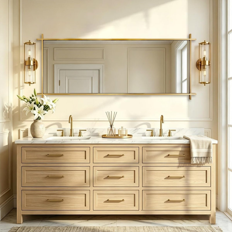 Miroir de salle de bain Vintage Cadre en acier inoxydable, 48" x 18", Or brossé