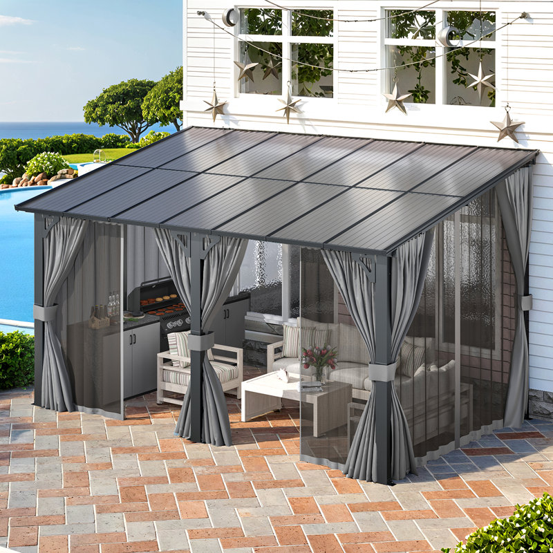 Lean-To Wall-Mounted Pergolas With Curtains And Netting, 96" H x 168" W x 96" D