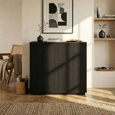 NTC VEIL 2 Door Storage Cabinet, Solid Wood Accent Cabinet with Vertical Fluted Doors, Modular Storage System, Expandable Cabinet for Living Room & TV Stand, Easy Assembly, Burnt Black