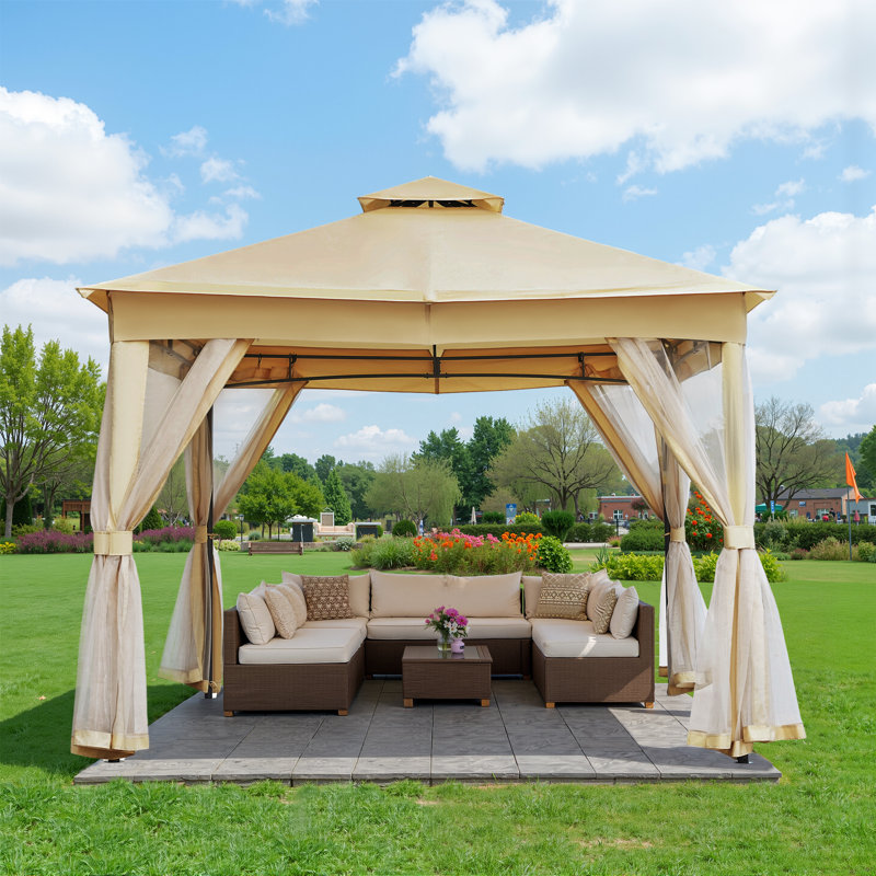 Pavillon de jardin avec moustiquaire à double toit pour patio, H 108 po x l 120 po x P 120 po, Beige