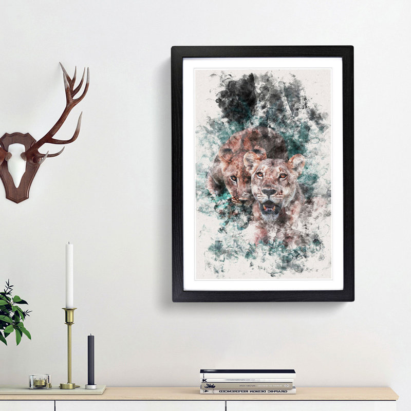 Lioness Duo - Picture Frame Painting Print, Black Framed, 33cm H x 24cm W x 2cm D