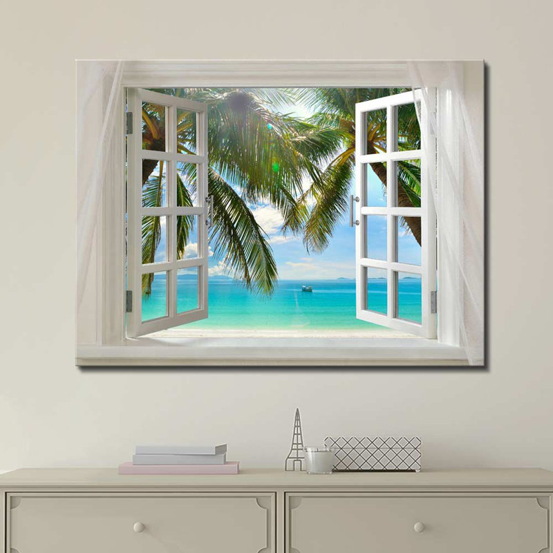 «Glimpse Beautiful Tropical Beach With Palm Tree Open Window Modern Wall Decor Coastal Décoration» sur toile