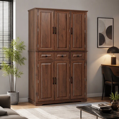 Armoire de cuisine de 72 po de hauteur avec 3 plateaux coulissants, armoire de rangement en relief blanc avec 6 portes, tiroirs avec glissières en métal, tablettes réglables, armoire autoportante