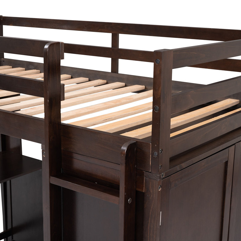 Lit mezzanine avec tiroirs, bureau et garde-robe, Espresso