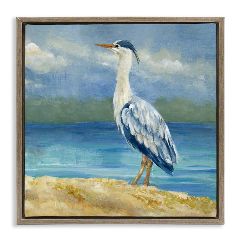 «Heron on Cloudy Beach», art mural sur toile flottante par Lanie Loreth, 25" H x 25" W, Cadre flottant orme Montalcino