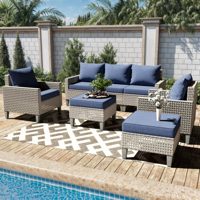 Ensemble de conversation d'extérieur en résine tressée bleu marine, ensemble de mobilier de patio 7 pièces, groupe de sièges avec coussins et tables basses pour ensemble de patio extérieur, mobilier d'extérieur et de patio