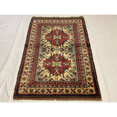 Tapis rouge / ivoire / bleu noué à la main One-of-a-Kind 3 pi 7 po x 4 pi 10 po Anatolian