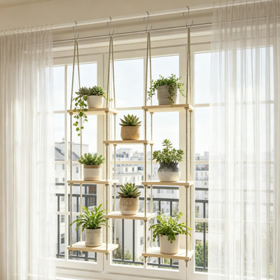 8-Tier Hanging Plant Shelf For Windows - Wall Mounted Indoor Plant Stand With Adjustable Height, Space Saving Boho Decor For Living Room, Bedroom, Or Garden