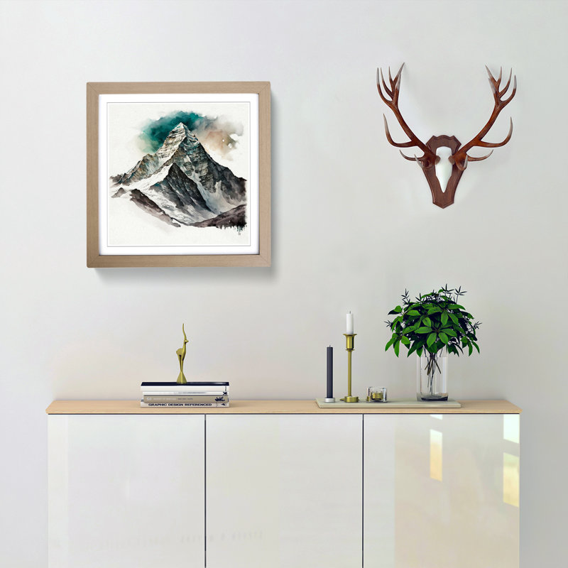 Mount Everest Watercolour - Single Picture Frame Print on Wood, Oak