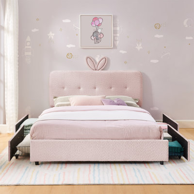 Full Size Kids Upholstered Bed With Oversized Rabbit Ear Headboard, LED Light & 4 Storage Drawers, Boucle Fabric