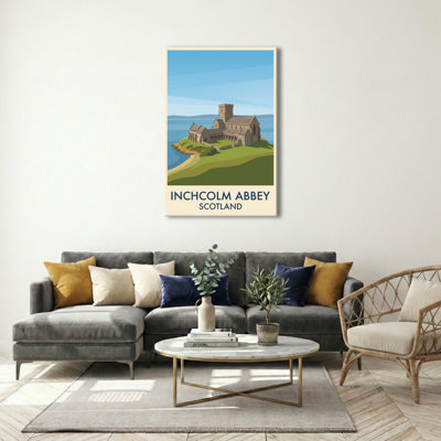 Inchcolm Abbey, Scotland - Romantic Isle Abbey Travel Poster of Sea, Stone and Light. Giclee Print on Wrapped Canvas. Wall Art, Home Decor - Religious & Cultural Sites, Scotland 1 Piece Wrapped Canvas Wall Art