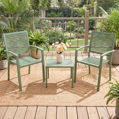 3Pcs Steel Outdoor Bistro Set, Patio Furniture Set with Chairs and Table, Geometric Decor Accent, Weather Resistant Steel Frame, Space Saving Storage, Porch Balcony Use, Lightweight Outdoor Seating