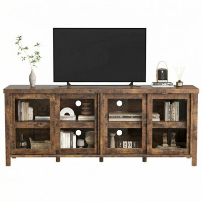 Console multimédia moderne, meuble télé pour téléviseur de 65 po, meuble audio-vidéo avec armoire de rangement et 4 portes coulissantes en verre, brun