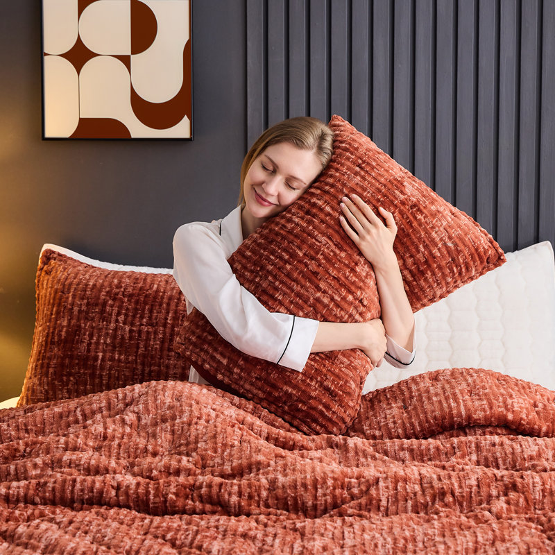 Burnt Orange Velvet Full Quilt Set with Embroidery