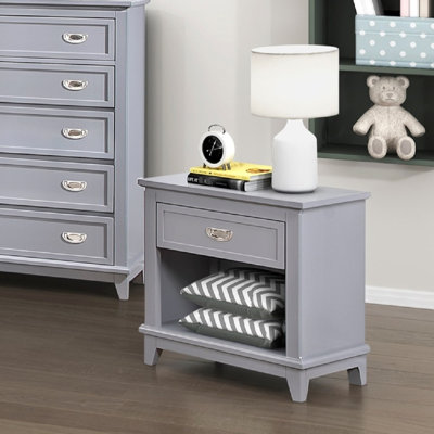 Table de chevet classique à finition grise pour chambre à coucher, 1 tiroir, tablette inférieure, glissières à roulement, sans assemblage avec tiroir et rangement inférieur pour la chambre à coucher, assemblage, largeur de 16 po