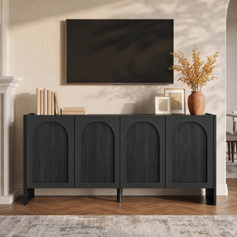 Buffet Archway 63 po à 4 portes en placage de bois massif avec design arqué et étagères réglables, grand buffet/crédence pour salon, cuisine ou entrée (noir)