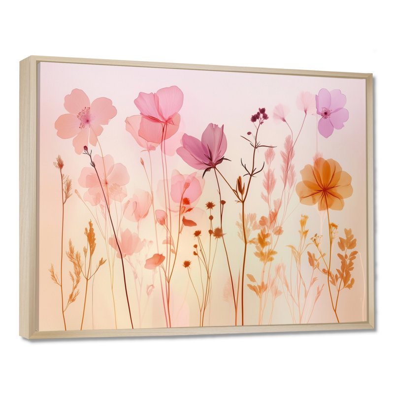 Décoration murale sur toile encadrée avec fleurs roses, H 24 po x l 32 po, Cadre naturel flottant