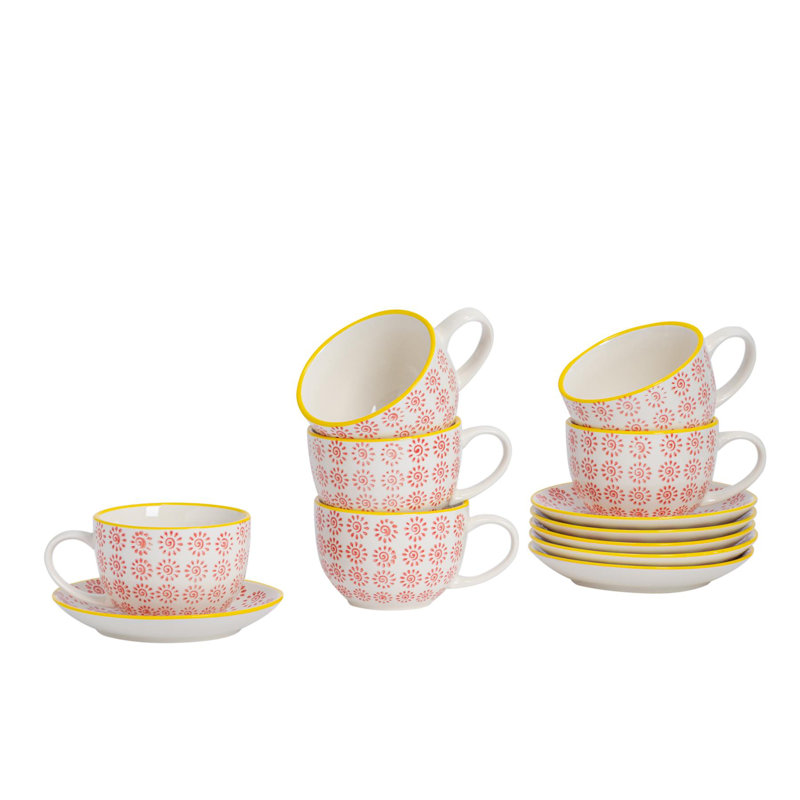 Porcelain Teacup and Saucer, Red/Yellow, 12