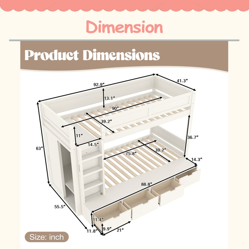 Twin Over Twin Bunk Bed With 4 Storage Drawers, Ivory