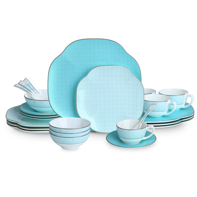 Blue 24 Piece Porcelain Dinnerware,Bone China Set For 4,Plates And Bowls Sets With Silver Checkered Cross Pattern, Highly Chip & Crack Resistant & Dishwasher (Light Blue + Checkered Cross)