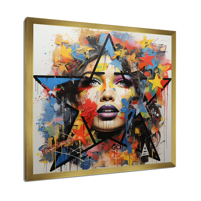 «Colorful Extravagance Collage Portrait» - reproduction d'art murale abstraite, Cadre doré simple