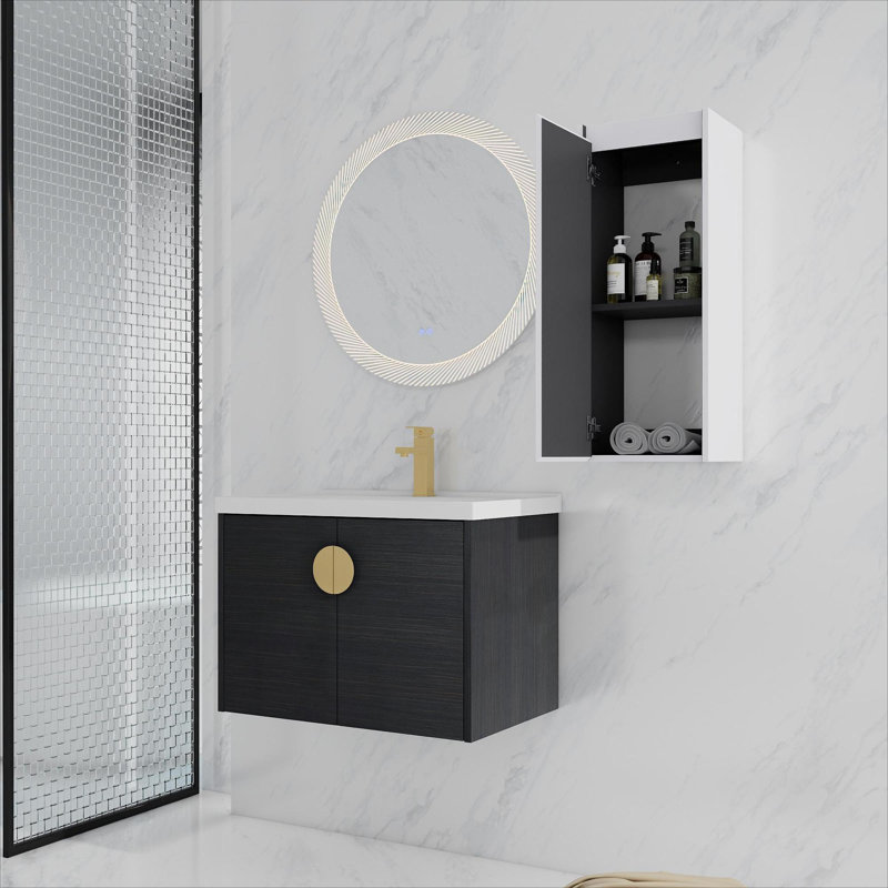 meuble-lavabo mural moderne de qualité minimaliste avec lavabo en céramique et armoires latérales, 27"