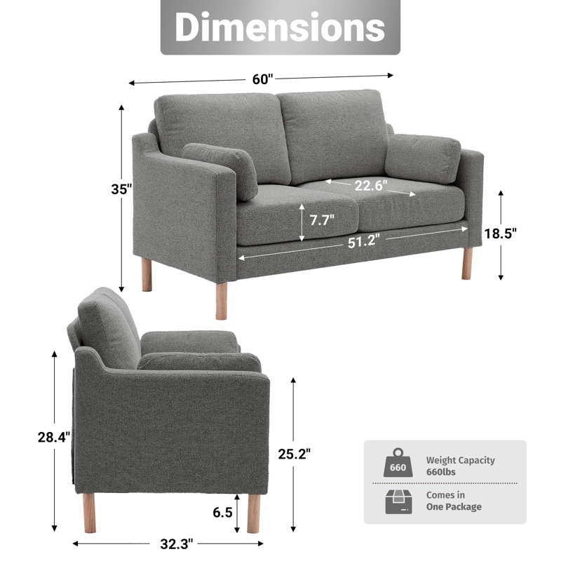 59.8'' W Modern Upholstery Loveseat Boucle, Gray Boucle