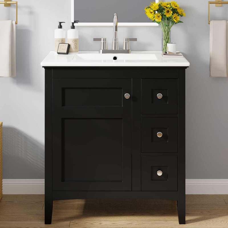Meuble-lavabo moderne avec lavabo en céramique 30 po et 3 tiroirs, Noir