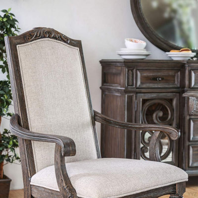Natural Tone And Ivory Finish Rustic Style 2Pc Arm Chair Upholstered Seat Intricate Wood Inlay Detail Dining Room