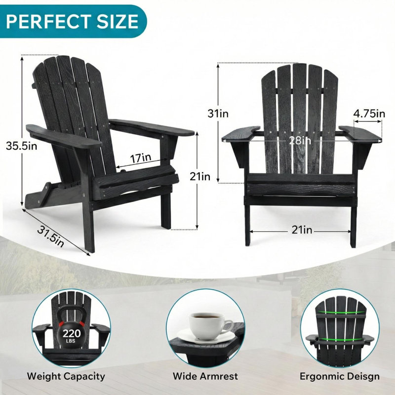 Wood Folding Adirondack Chair Solid Cedar Wood Lounge Patio Chair, Black