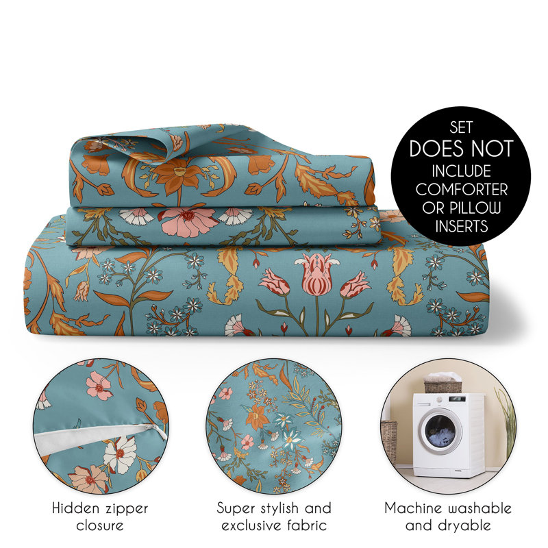 Boho Floral Wildflower Blue and Orange Brushed Microfiber 3 Piece Queen Duvet Cover Bedding Set (Set of 3)
