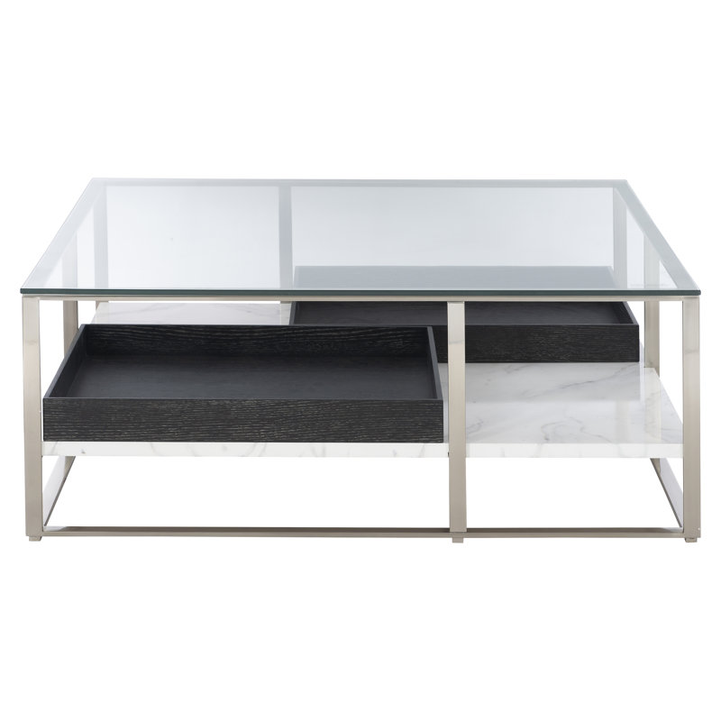 Square Black and Silver Marble Glass Coffee Table with Storage