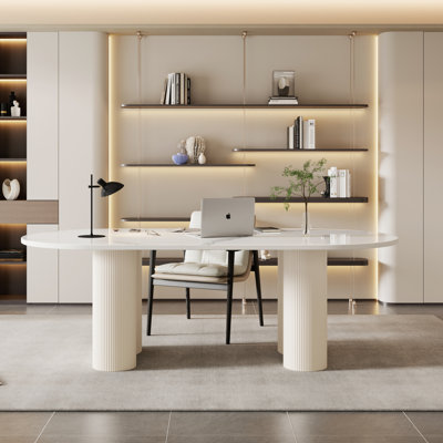 70.87" Beige Writing Desk, Glossy White Sintered Stone Tabletop, Executive Desk,Oval Office Desk
