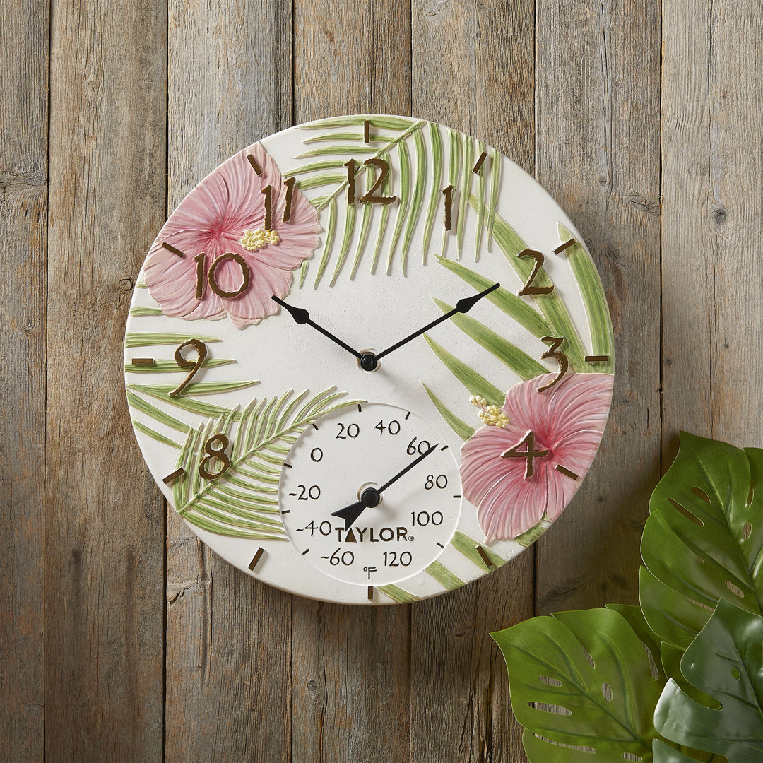 Taylor Pink Hibiscus Poly Resin Clock and Thermometer, 14 Inch, Multi-Color Taylor