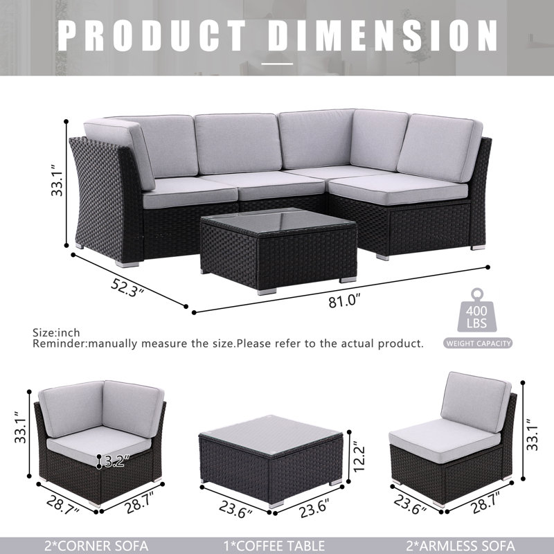 Ensemble de conversation d'extérieur 4 personnes avec coussins Branchon, Gris