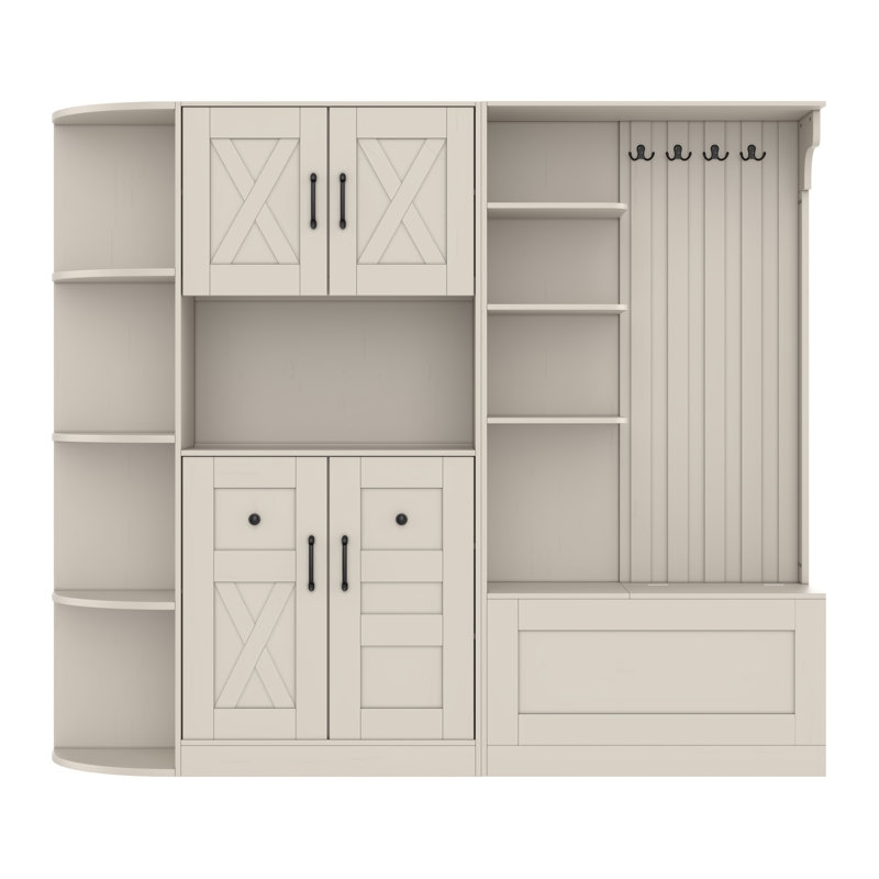 2-Piece Entryway Hall Tree Storage Cabinet with 4 Hooks, Reversible Left/Right Combo, Freestanding Set, Antique Beige, Beige