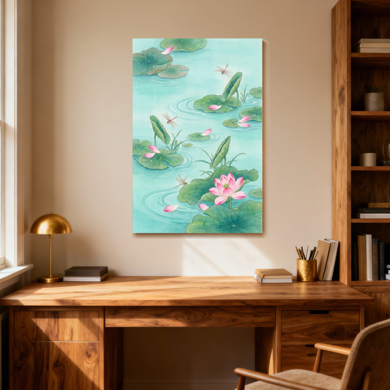 Étang de nénuphars avec plantes et fleurs, H 40 po x l 28 po