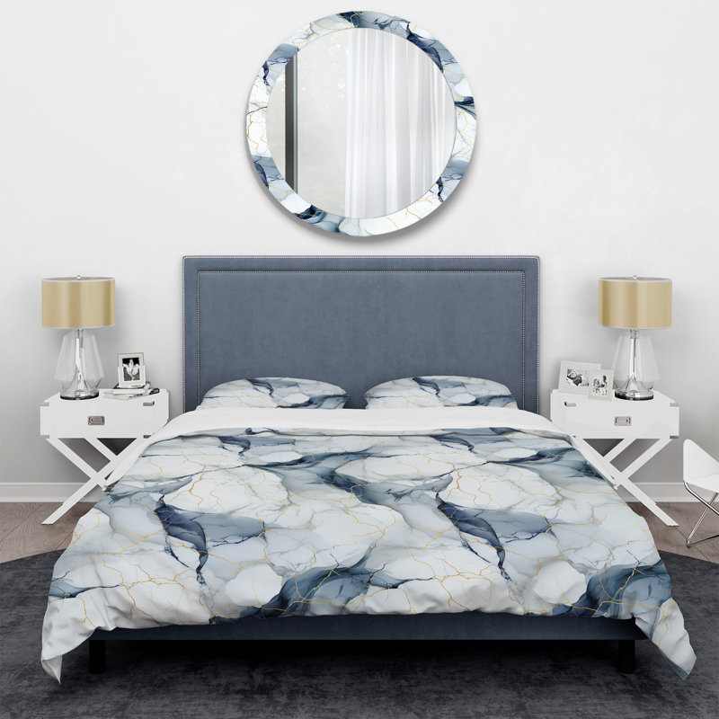 Ensemble de housse de couette en marbre blanc et gris Hrithik, Housse de couette pour grand lit et 2 taies décor