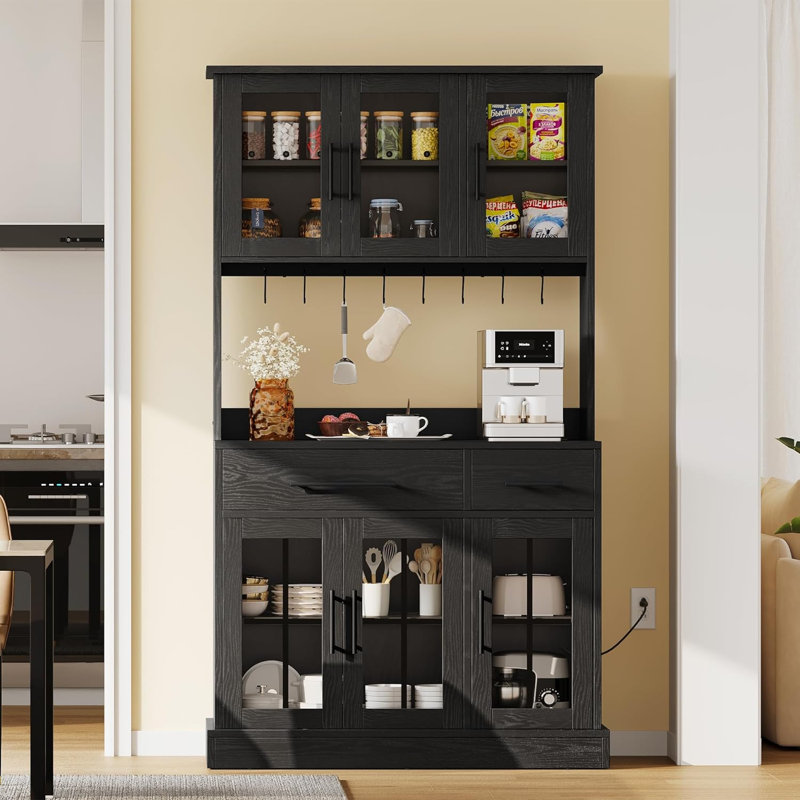 Armoire de rangement pour garde-manger de 71 po avec support pour micro-ondes, grande armoire de cuisine moderne avec prise de courant, garde-manger avec tiroirs et tablettes pour la maison, blanc