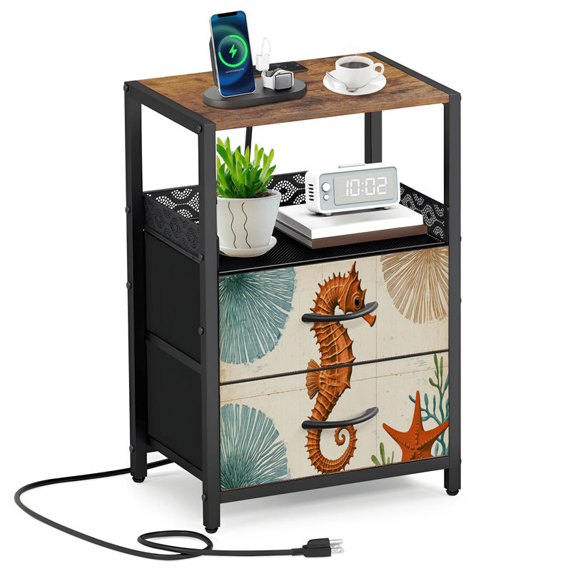 Table de chevet 2 tiroirs en tissu avec station de charge hippocampe pierre Sea Ocean Life Coasters