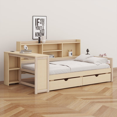 Lit de jour en bois avec tiroirs de rangement, bureau, port de chargement et tablettes ouvertes