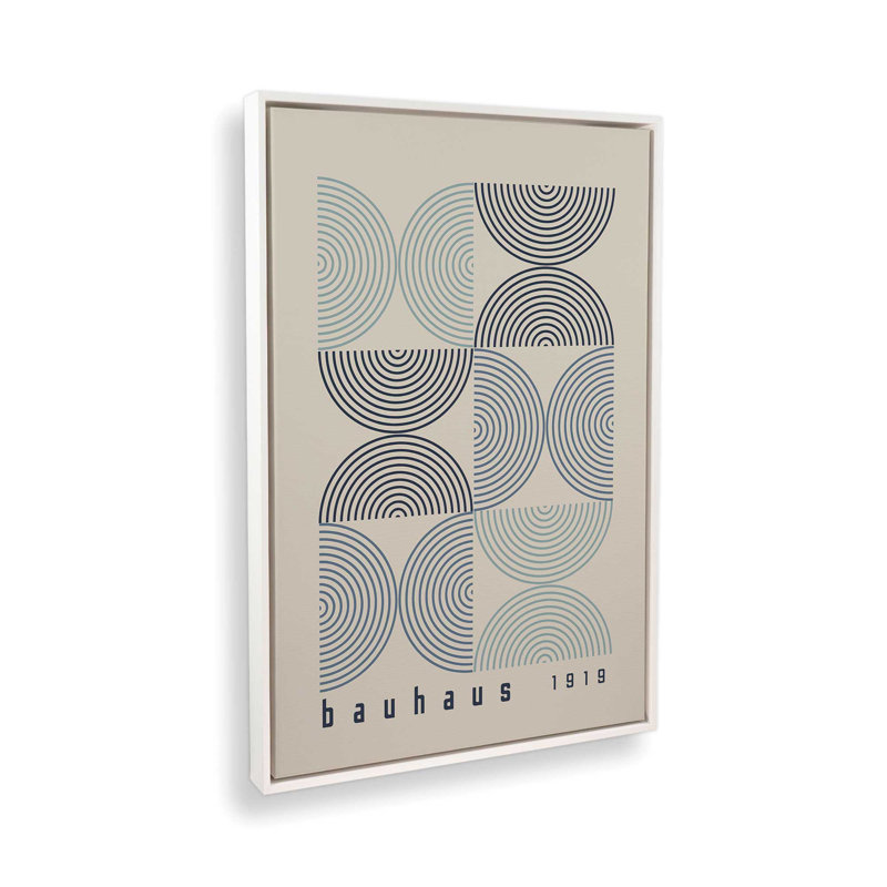 Affiche de composition Bauhaus, H 12,75 po x l 8,75 po, Beige / bleu / bleu foncé, Cadre flottant blanc opaque