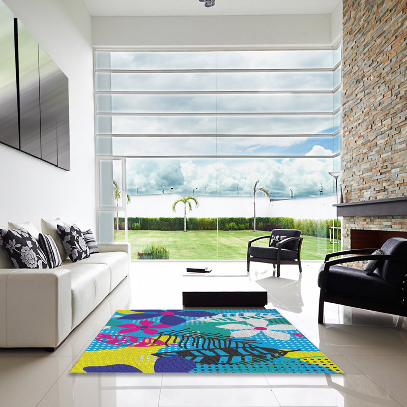 Tapis rose/bleu/jaune à motif, Carré 3 pi