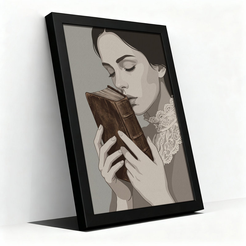 Femme tenant un livre brun rétro avec un collier en dentelle, toile d'Halloween, 36"H x 24"W