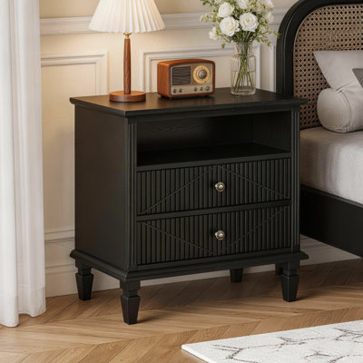 Wood Nightstand with Charging Station, 2 Drawers & Open Shelf, Farmhouse Bedside Table with USB, Type-C & AC Outlets