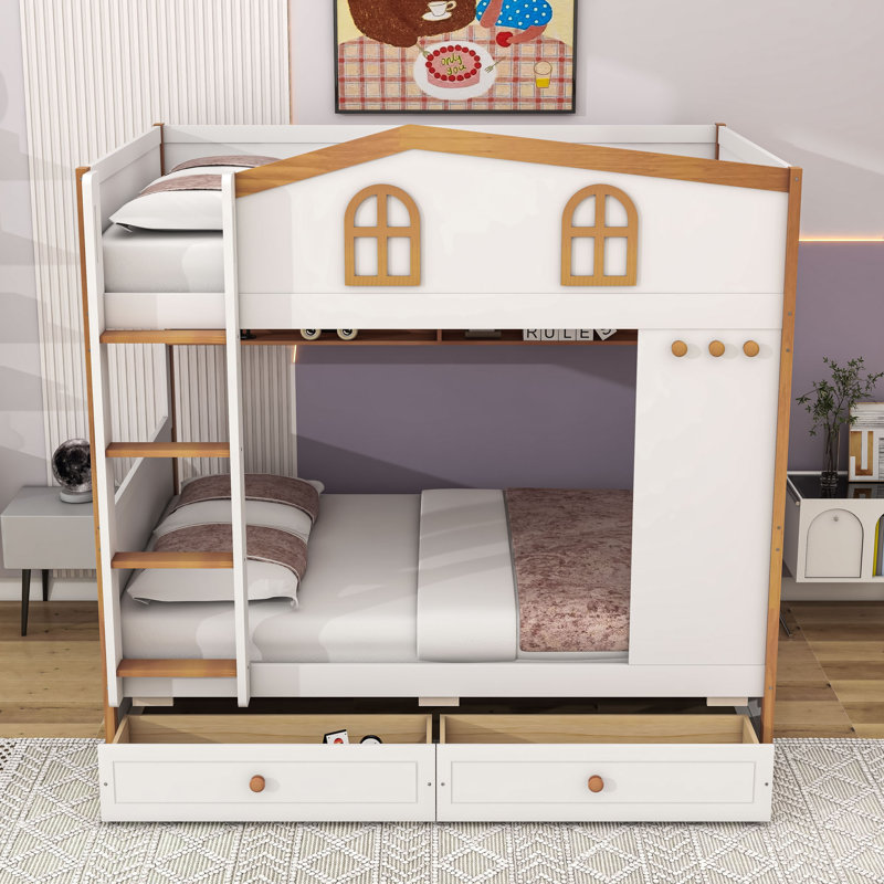 Lit superposé avec garde-corps en forme de maison, tablettes de rangement et tiroirs, Lit superposé double sur double